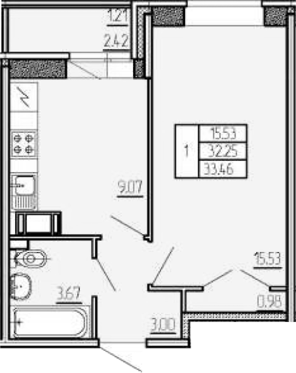 1-комнатная квартира 33.46 м², 13/17 эт., ЖК «Стороны Света»